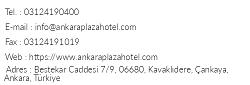 Ankara Plaza Hotel telefon numaralar, faks, e-mail, posta adresi ve iletiim bilgileri